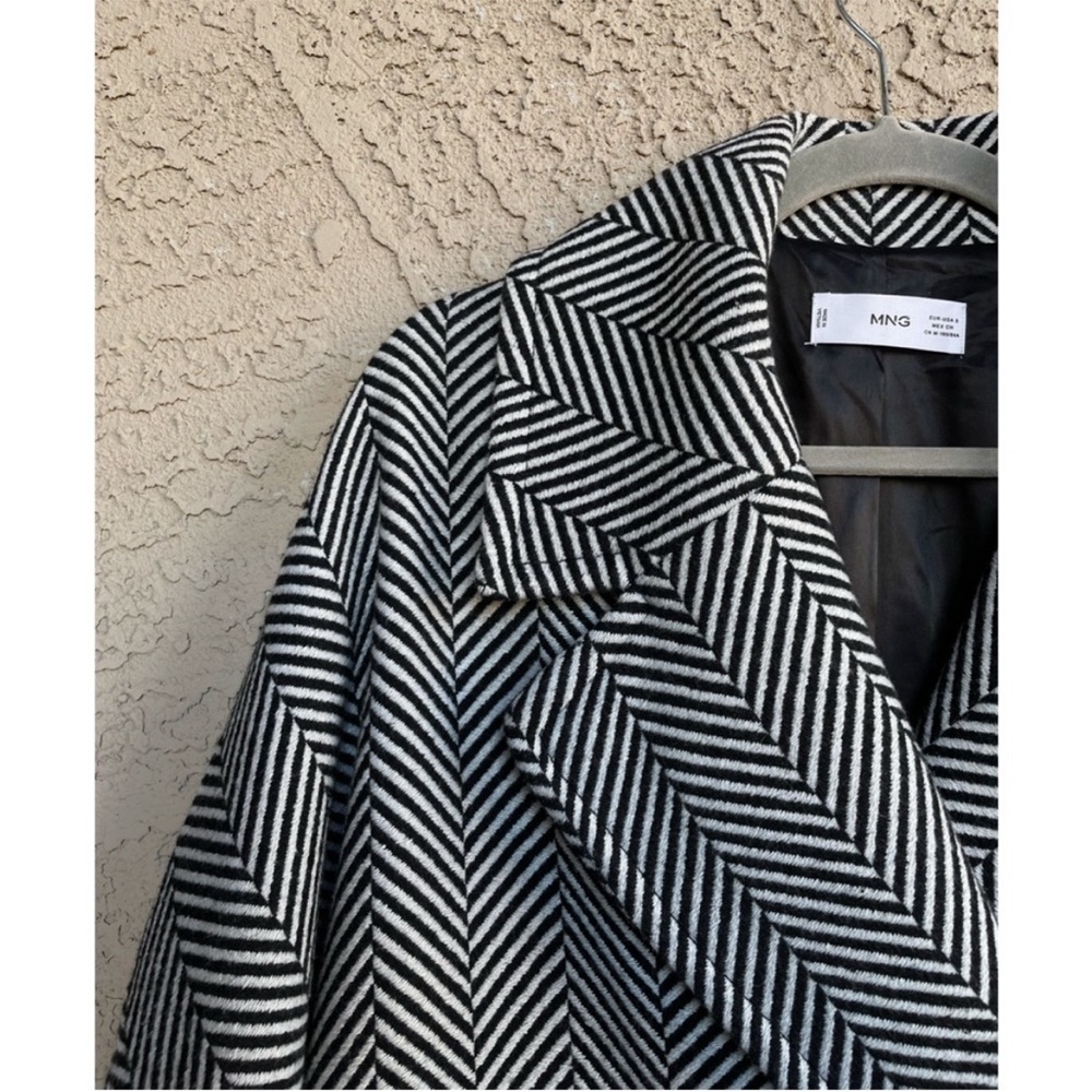 MANGO Black & White Herringbone Cross Oversized Double Breasted Wool Blend Coat - Picture 11 of 13
